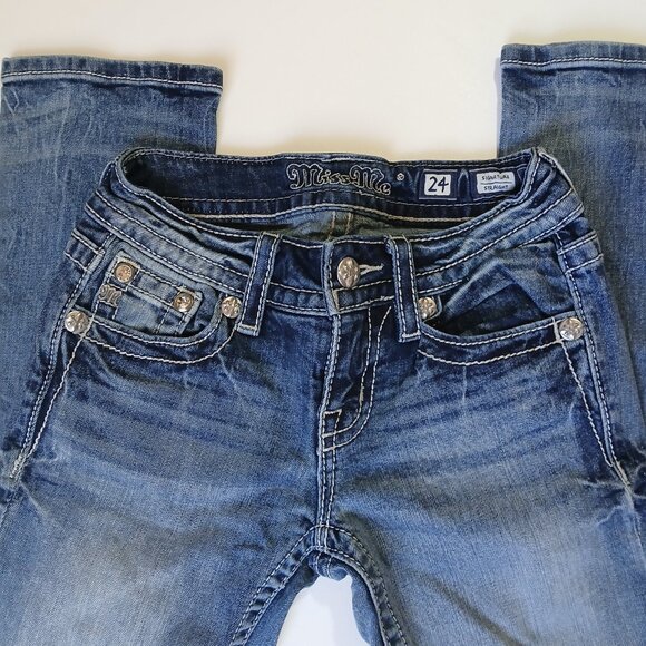 Miss Me Signature Straight Leg Jeans Size 24 Distressed Rhinestone Sequin Pocket - Picture 3 of 16